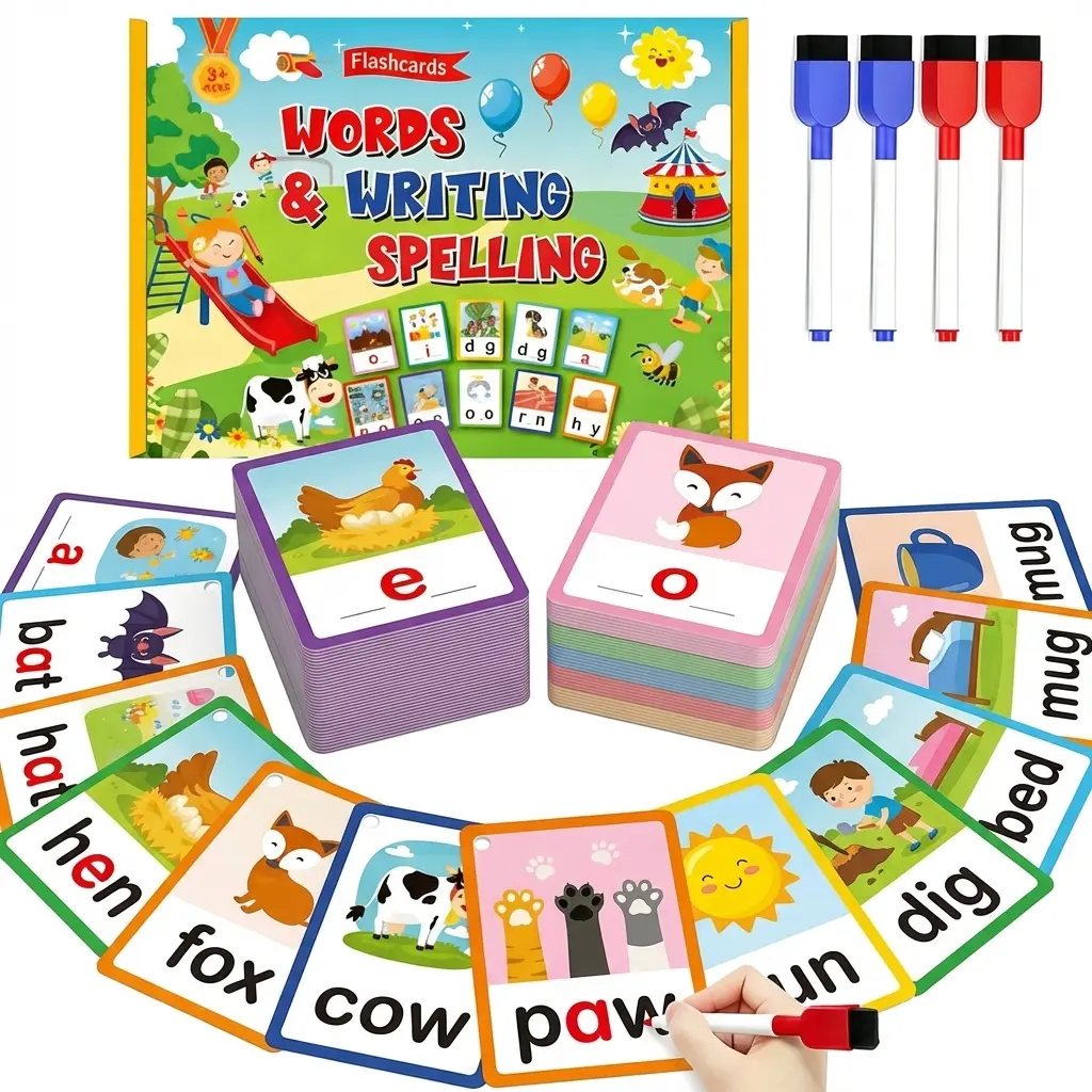 Learning Toys for 3 Year Old Kids, Phonics Flash Cards CVC Words Spelling Practice Set with Dry Erase Writing Cards, Preschool Reading Learning Activity, Reusable Educational Toy for Toddlers, Kindergarten Preparation Homeschool Supplies