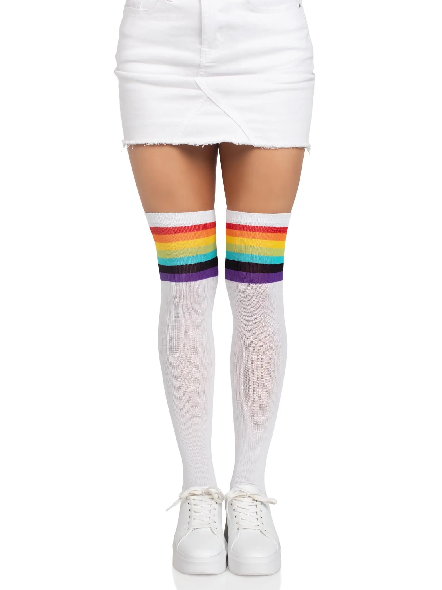 Women's Basic Thigh-High Stockings with a Cute Rainbow Stripe - Soft Comfortable Knit Fabric for Everyday Dress
