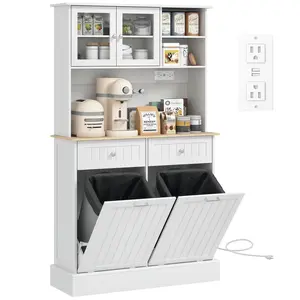 Kitchen Cabinet with Charging Station – White, 2 Tilt Out Cabinets, Microwave Stand, Freestanding Pantry, 2 AC Outlets & 2 USB Ports, 10 Gal Trash/Laundry