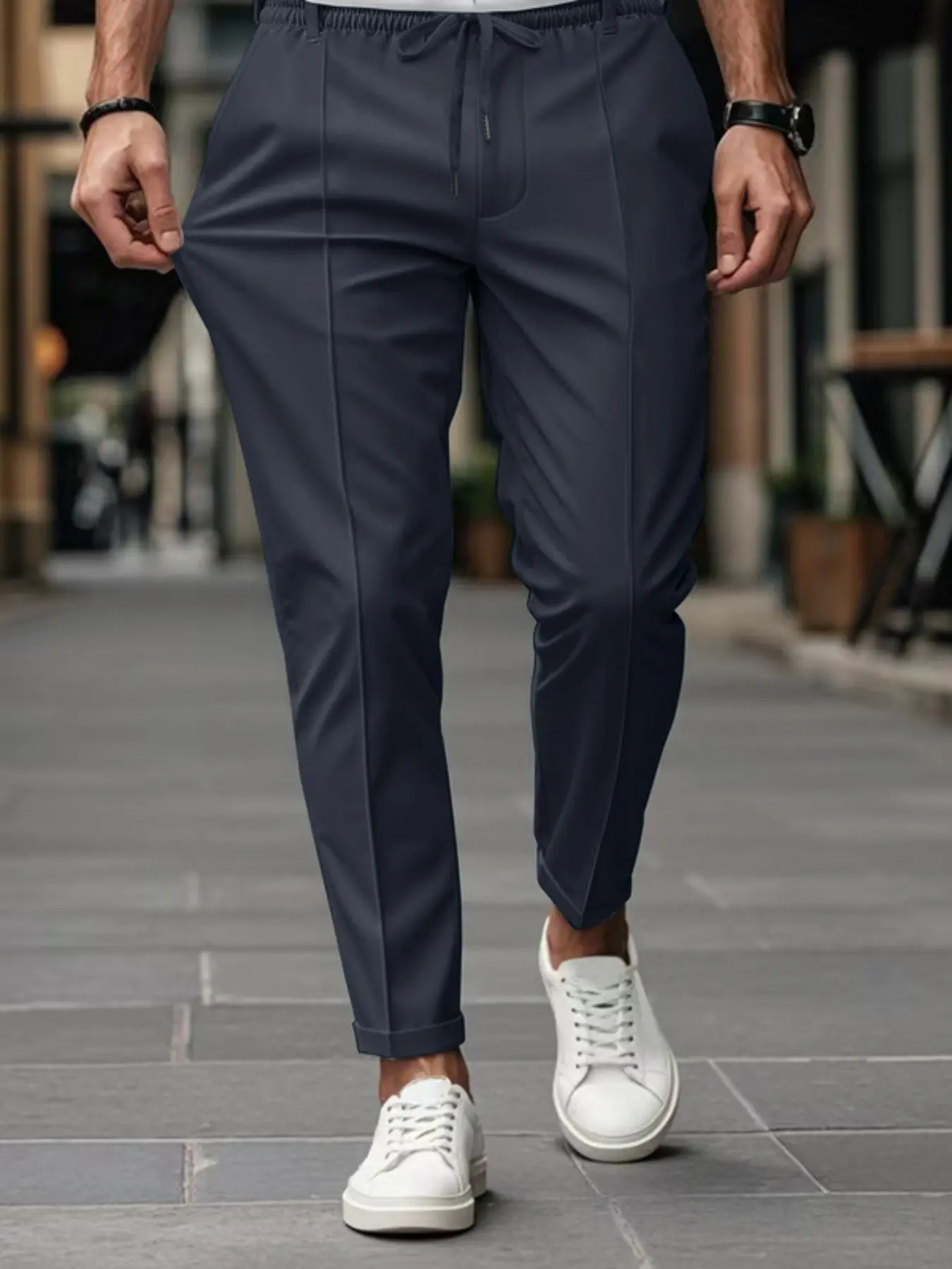 Men's Drawstring Waist Casual Pants, Loose Fit Straight Leg Suit Pants, Summer Business Wear, Versatile Slimming Design, Casual Streetwear Trousers, Casual Fit Adjustable, Casual Comfy Drawstring, Chill Casual Pants