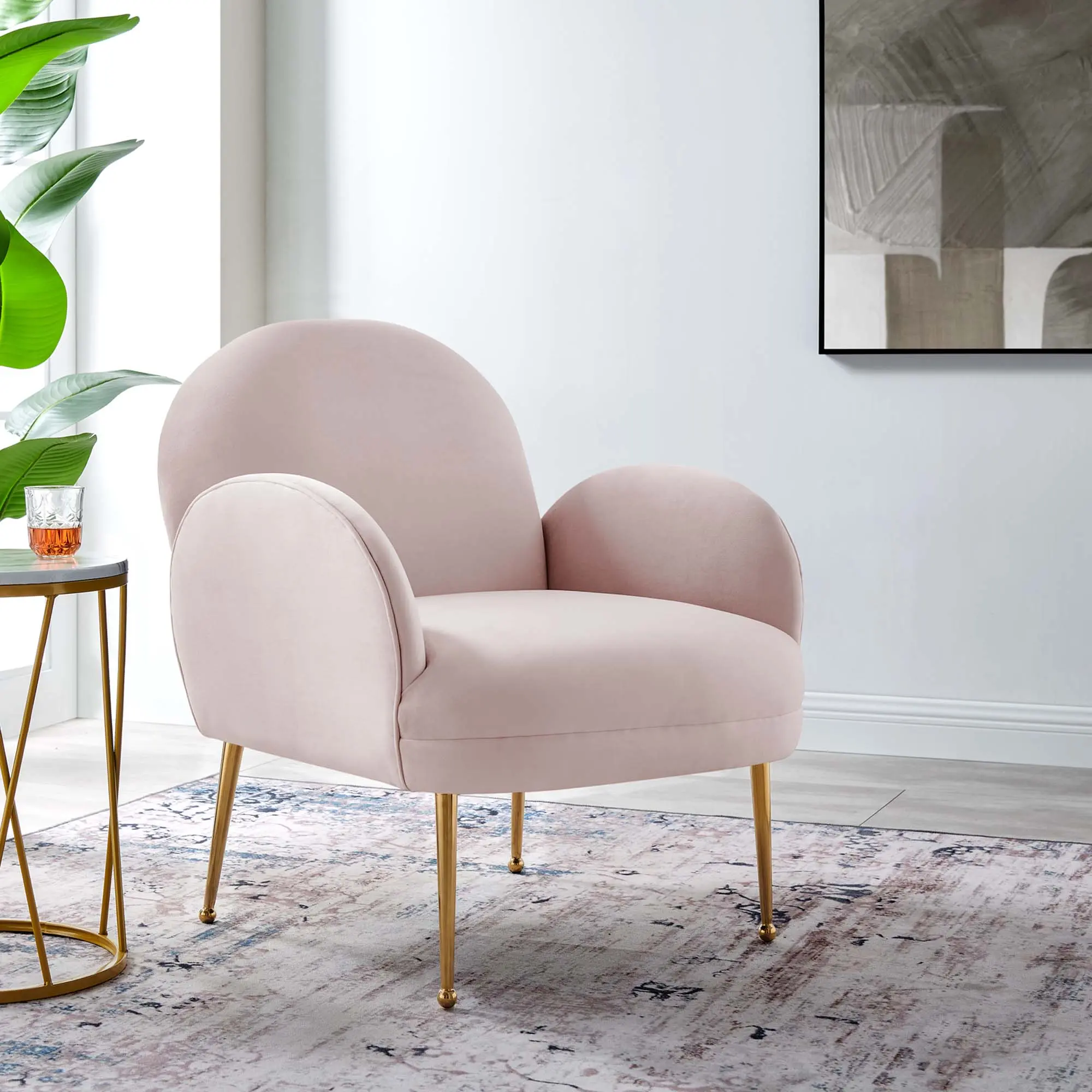 Modway Transcend Mid-Century Modern Performance Velvet Armchair - Modern Fabric Reading Chair, Eclectic Entryway Lounge Chair in Pink