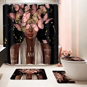 1/4pcs Black and pink four-piece shower curtain set, black girl butterfly African retro-inspired bathroom decor set, includes rug, toilet seat cover, bath mat, stylish shower curtain and 12 hooks