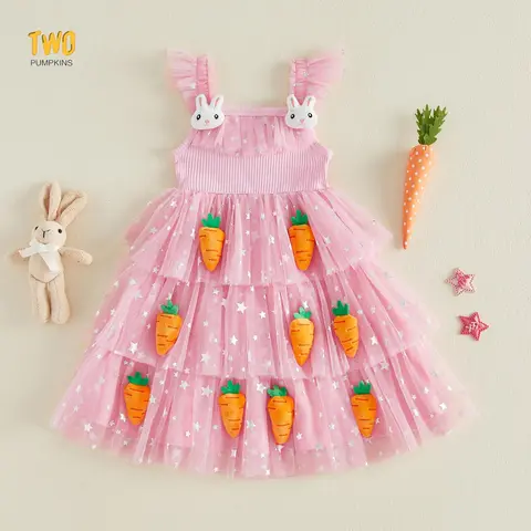 Toddler Girl Easter Outfit 3d Carrot Layered Dress Tulle Sleeveless Lace-up Sequin Cake Dress Princess Dresses