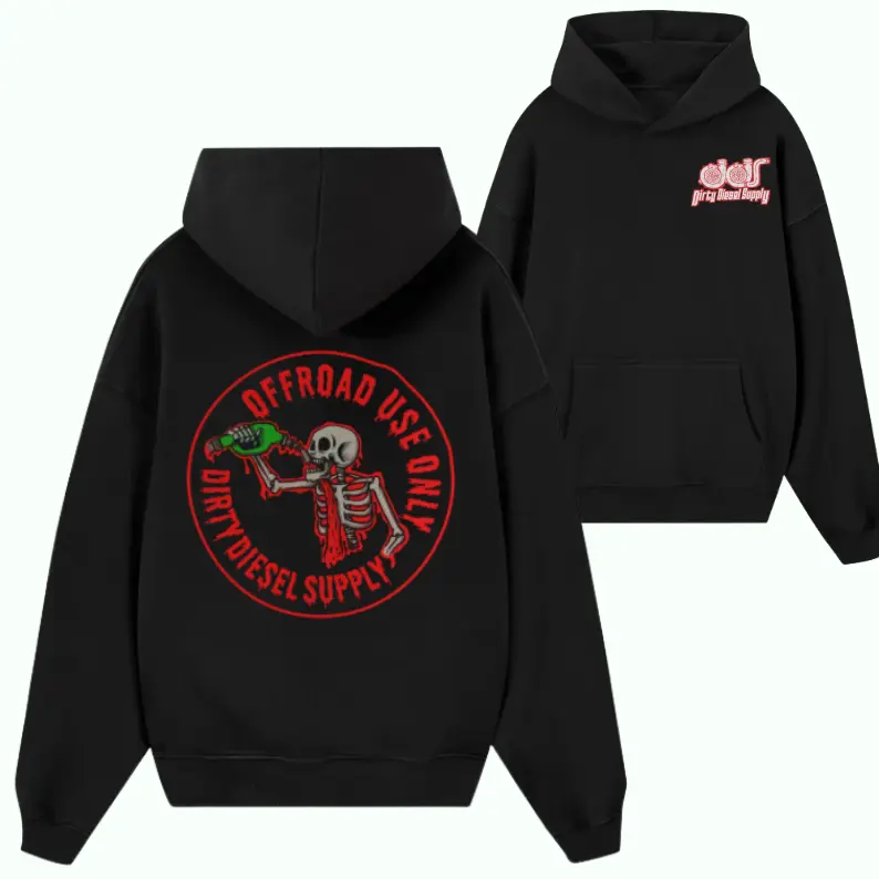 Dirty Diesel Supply “Offroad Use Only” Hoodie – Red Skeleton Pouring Jug Graphic Pullover, Diesel Truck Lifestyle Sweatshirt, Funny Offroad Apparel for Men & Women