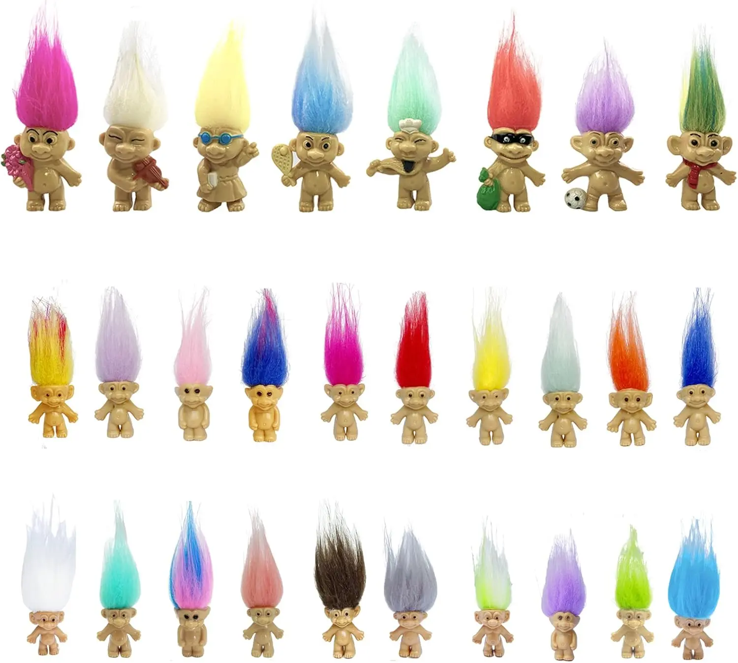28Pack Lucky Mini Troll Dolls, PVC Vintage Trolls Lucky Doll Mini Action Figures Cake Toppers Chromatic Adorable Cute Little Guys Collection, School Project, Arts Crafts, Party Favors Pastel Decorating
