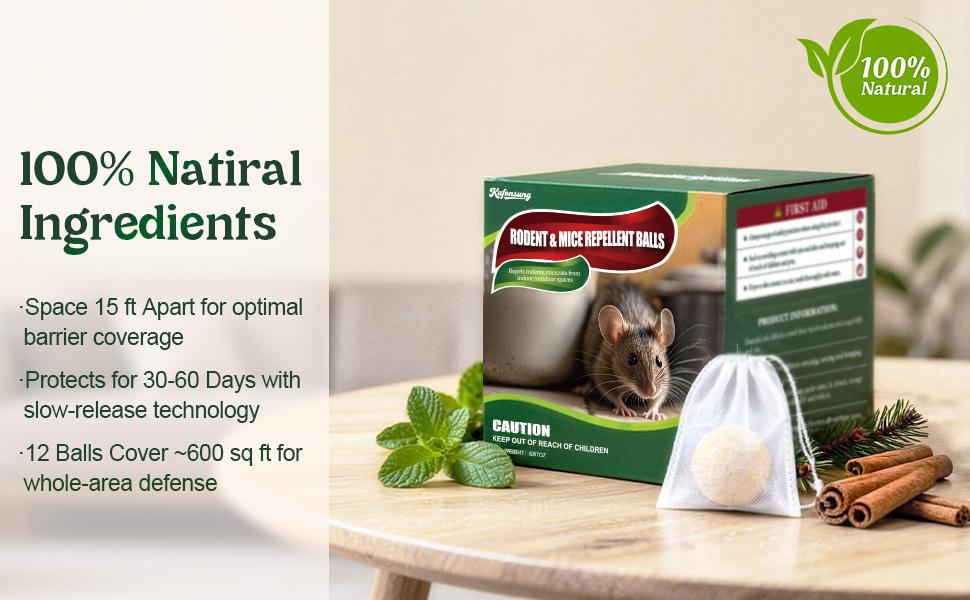 Kufonsung Natural Home & Car Pest Deterrent Balls – Peppermint Oil Rodent Repellent, Safe for Families, Long-Lasting Peppermint Scent, 30-60 Days Protection (12 Pieces Per Box)