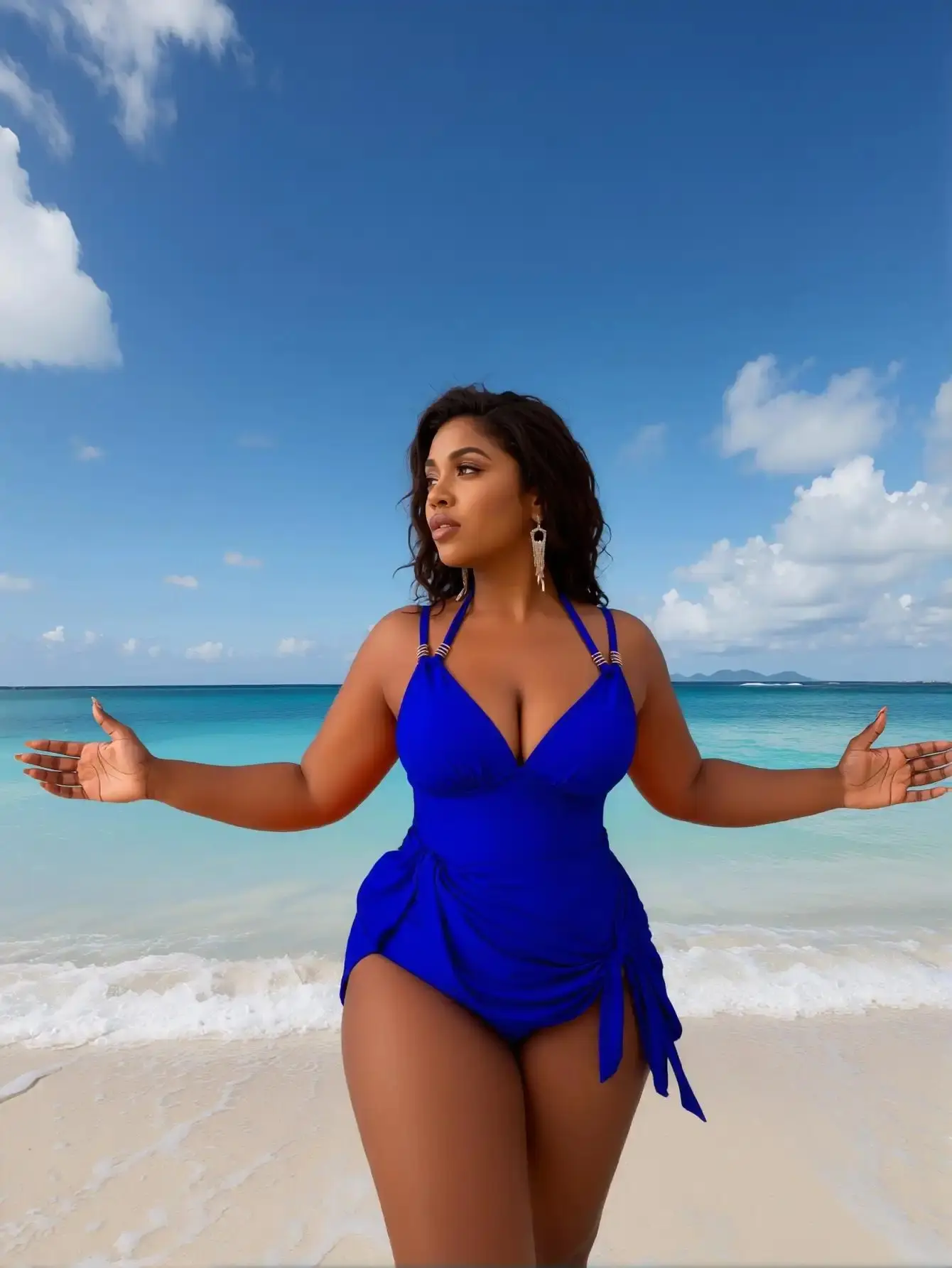 2026 New Plus Size One-Piece Swimsuit: Royal Blue Deep V-Neck, Double Strap with Metal Rings, Side Tie Wrap, Elegant Beach Style