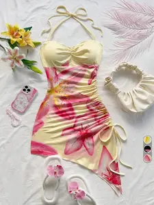 Women Halter Neck Sleeveless Lily Print Short Boho Summer Dress Drawstring Ruched Side Sweet Spicy Vacation Beach Date Party Afternoon Tea Flowy