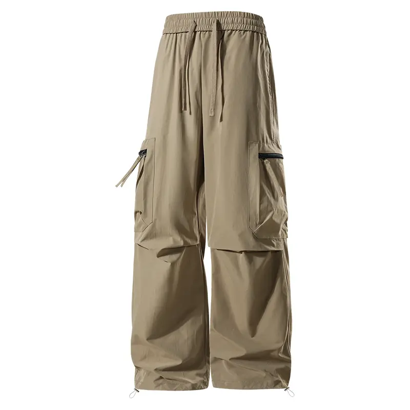 Men's wide leg parachute work pants, pleated zipper side pockets, elastic drawstring waist adjustable hem, lightweight Techwear Gorpcore street pants，Suitable for fishing, outdoor activities, work, hiking, camping, and wearing in spring and autumn.