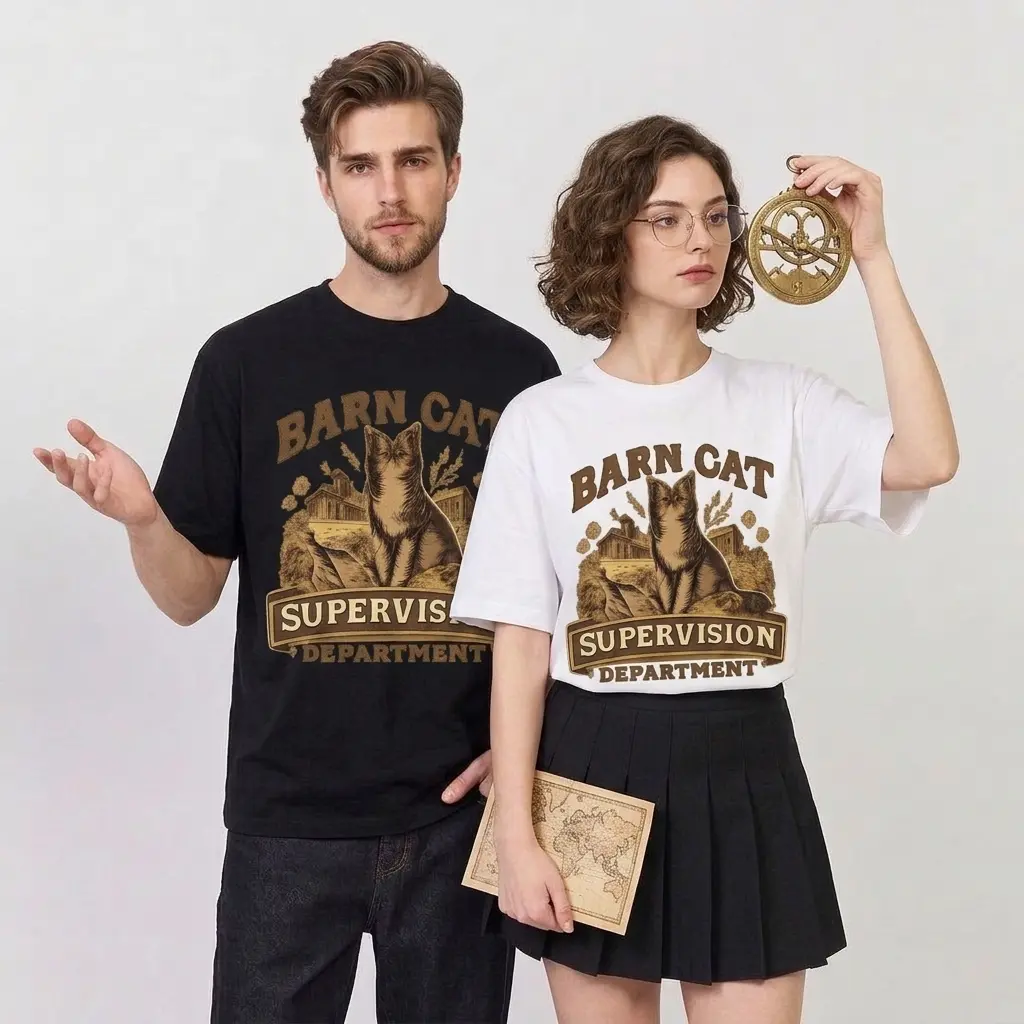 Unisex Barn Cat Supervision Department Graphic Short-Sleeve T-Shirt - 100% Cotton Casual Tops, Funny Farm Cat Lover Gift, Regular Fit, Fashionable Everyday Outfit for Men