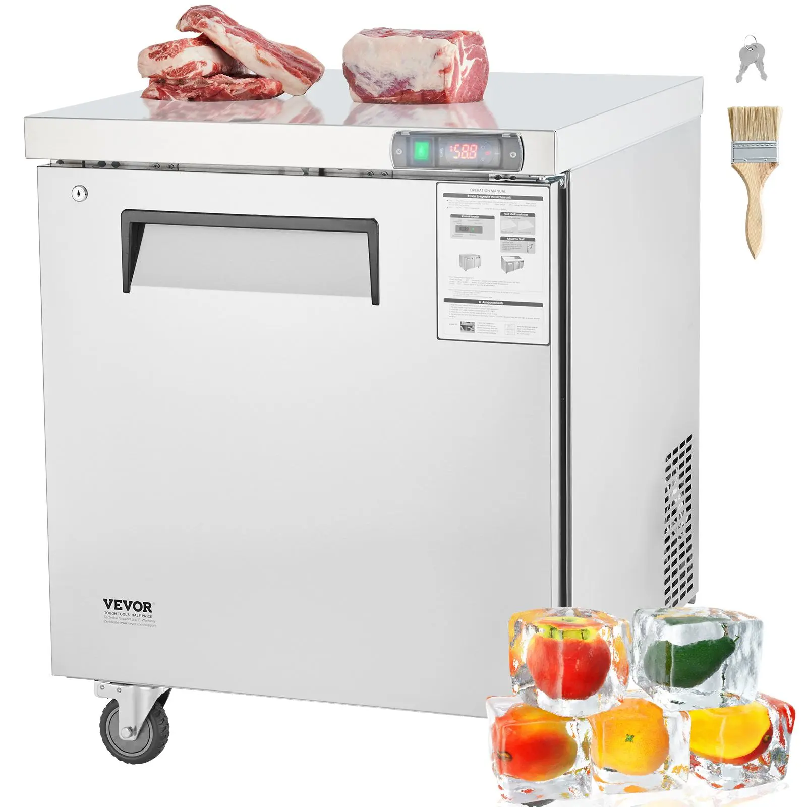 【Summerfinds】VEVOR 28" Commercial Frozen Refrigerator Sandwich & Salad Prep Table, 7.4 Cu. Ft Stainless Steel Refrigerated Food Prep Station with 1 Door, Frost Free Refrigerator with Lock for Restaurant, Bar