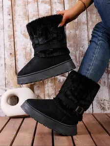 A pair of fashionable and casual women's belt buckle snow boots, cute cream short boots with plush lining, warm winter ankle boots with thick soles and high heels.