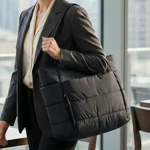 Puffer Tote Bag for Women with Makeup Bag, Large Work Tote Laptop Bag, Lightweight Travel Tote Bag with Zipper Gifts for Women Teacher Nurse Quilted Shoulder Organiser for School Gym Handheld Bag Fashionable Bags Daily Commuting Purse