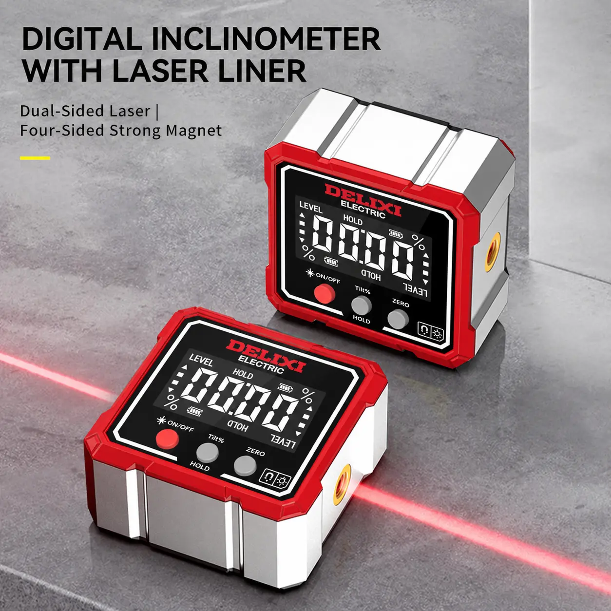 DELIXI Digital Magnetic Angle Finder with Dual Laser, 360° Rotation, Backlit Display & USB-C Rechargeable Battery, IP54 Waterproof – Pro Inclinometer Tool for Woodworking, Framing, HVAC