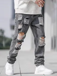 Men's Solid Color Distressed Ripped Jeans, Street Fashion Casual Comfy Grey Denim Pants for Daily Wear, Mens Bottoms for All Seasons, Cotton, Slouchy Jeans