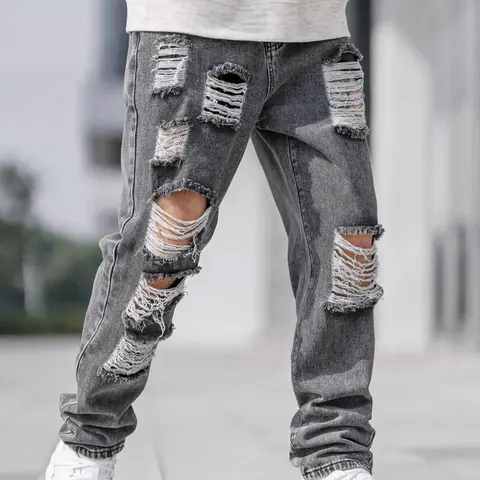 Men's Solid Color Distressed Ripped Stacked Jeans with Pockets, Streetwear Casual Comfy Grey Denim Pants for Daily Wear, Mens Bottoms for All Seasons, Cotton, Slouchy Jeans