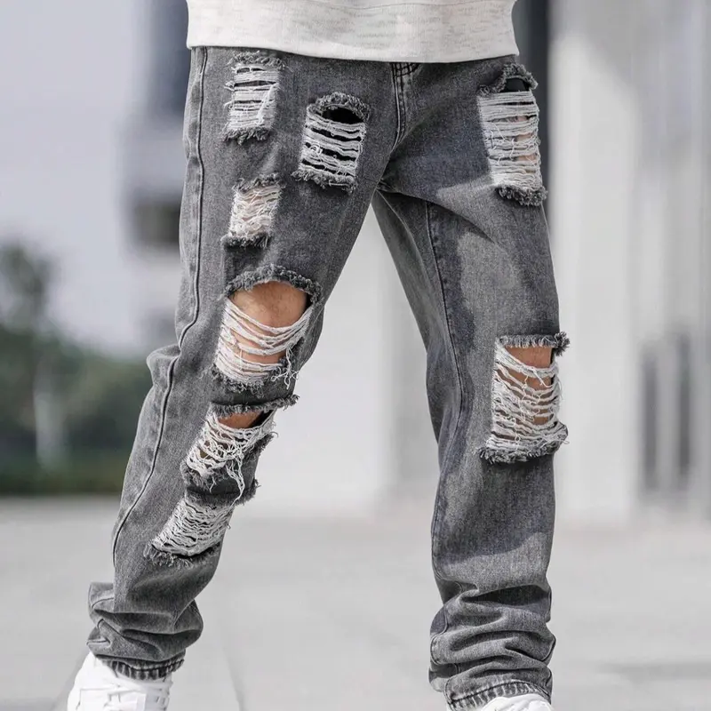 Men's Solid Color Distressed Ripped Stacked Jeans with Pockets, Streetwear Casual Comfy Grey Denim Pants for Daily Wear, Mens Bottoms for All Seasons, Cotton, Slouchy Jeans