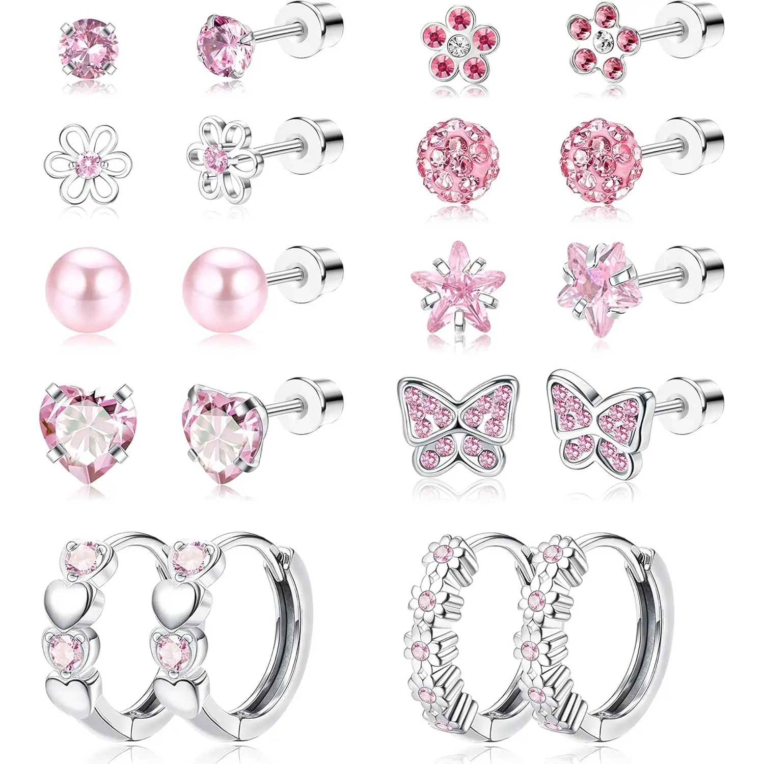 CASSIECA Women's 10-Pair Stainless Steel Hypoallergenic Earrings Set - Studs, Butterfly, Flower Cubic Zirconia, Pink Heart Shaped, Screw-Back Multicolored Stacks for Daily Casual Gifting, Girly & Kawaii Style, Studs Earrings, Heart Shaped Earrings