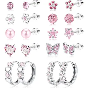 CASSIECA 10Pairs Small Earrings Set for Women Stainless Steel Cute Stud Earrings Butterfly Flower CZ Pink Heart Hoop Earrings Screw Back Multicolored Hypoallergenic Earrings Set