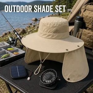 Modular Outdoor Sun Hat with Solar Fan, Detachable Neck Flap, Breathable Mesh Wide Brim Hat for Men Women