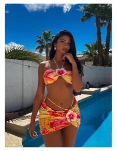 Floral Bikini Set Women Yellow 3D Bloom Halter Top High Waist - Tropical Flower Two Piece Swimsuit Bathing Suit for Beach Vacation XL