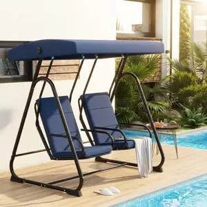 Garvee 2-Person Patio Swing Chair with Adjustable Canopy & Removable Cushions, Heavy Duty Outdoor Glider Bench for Garden, Backyard, Porch and Balcony, Dark Blue