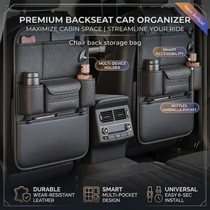 Multifunctional PU Leather Car Seat Back Storage Bag, Dual Cup Holder and Napkin Box, Rear Kick Protection, Easy Clean