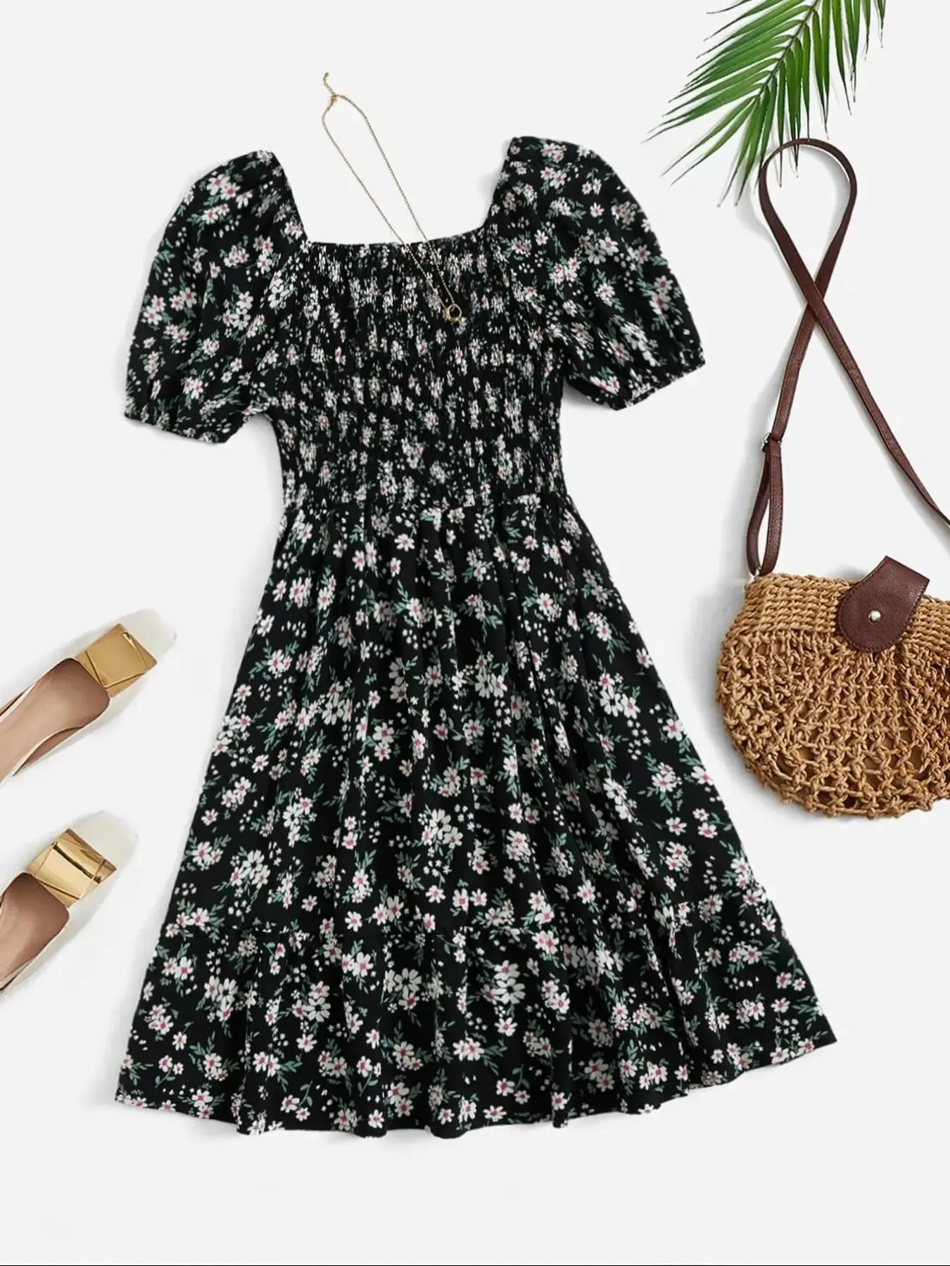 Women's Ditsy Floral Print Dress, Boho Fashion Casual Wear Dress for Daily Holiday Vacation Wear, Ladies Dress for Summer, Boho Vintage Floral, Lightweight Bohemian, Bohemian Style Dresses