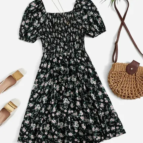 Women's Ditsy Floral Print Dress, Boho Fashion Casual Wear Dress for Daily Holiday Vacation Wear, Ladies Dress for Summer, Boho Vintage Floral, Lightweight Bohemian, Boho Printed Dress