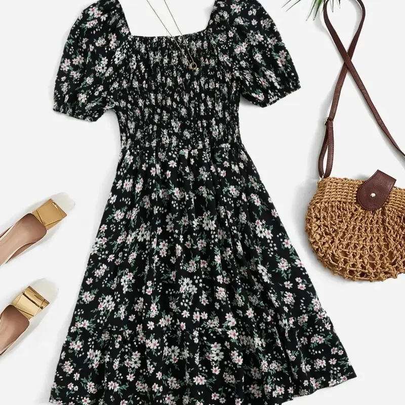 Women's Ditsy Floral Print Dress, Boho Fashion Casual Wear Dress for Daily Holiday Vacation Wear, Ladies Dress for Summer, Boho Vintage Floral, Lightweight Bohemian, Boho Printed Dress