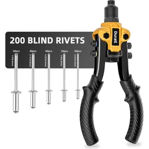 Rivet Gun, 1/4 Pop Rivet Gun Kit with 200 Blind Rivets, 5 Interchangeable Rivet Heads (3/32", 1/8", 5/32", 3/16", 1/4"), Heavy Duty Hand Riveter Tool for Metal, Gutter & Automotive