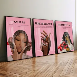 Pink Scripture Wall Art Set, Elegant Black Woman Beauty Posters with Jewelry Hands & Bible Verses, Inspirational Christian Decor