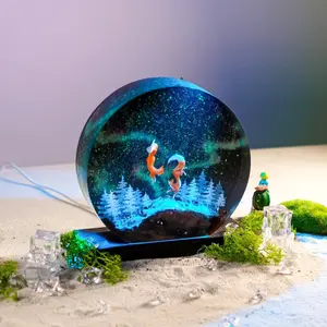 Snow Fox Figurines - With Led Light Inside - Wood And Resin Art - Unique Gift - Desk Decor