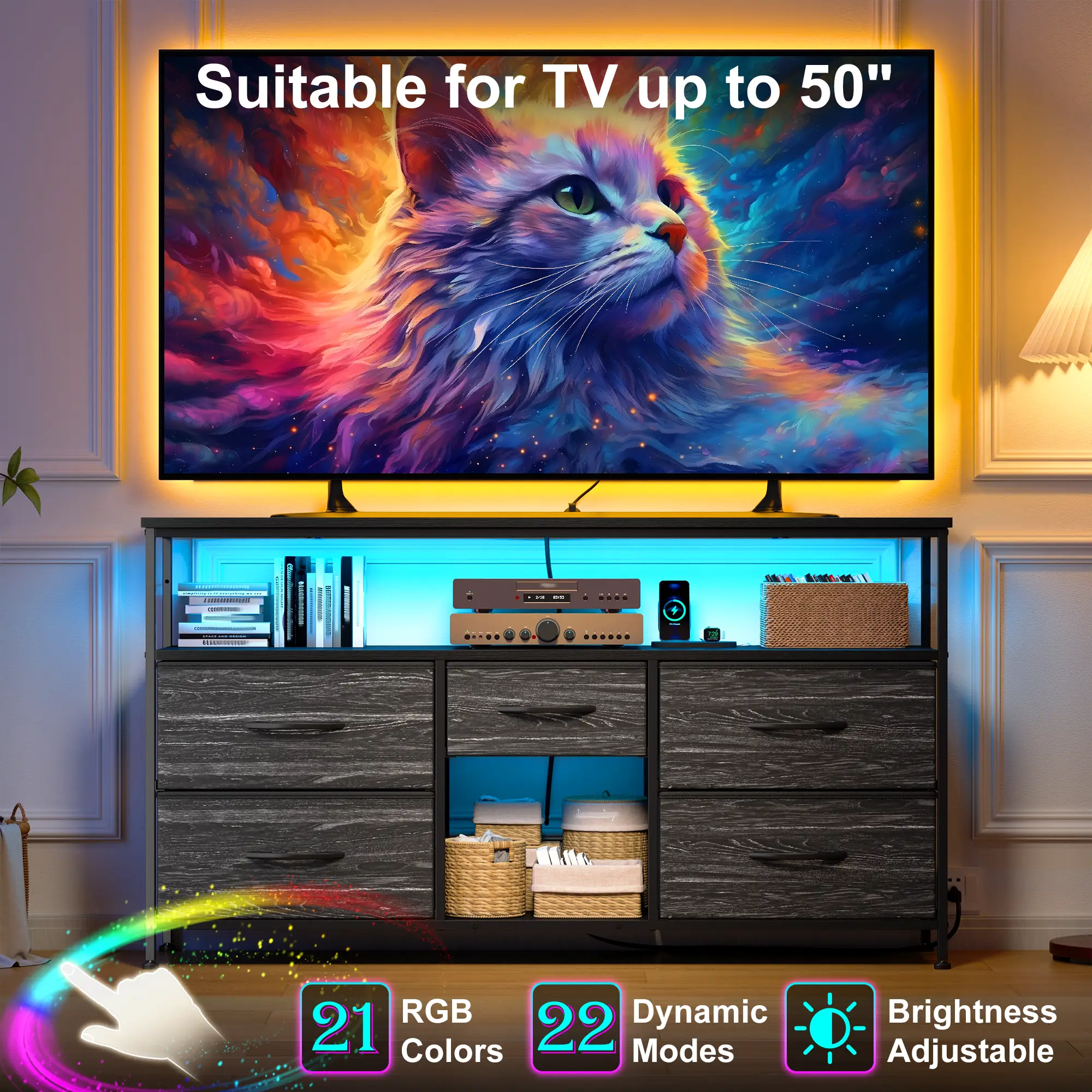 【Storage TV Stands】Raybee 30'' Height Dresser with 5 Drawer,Old School & Chill Vibe TV Stands with Cabinets for Living Room with LED & Charge Station(