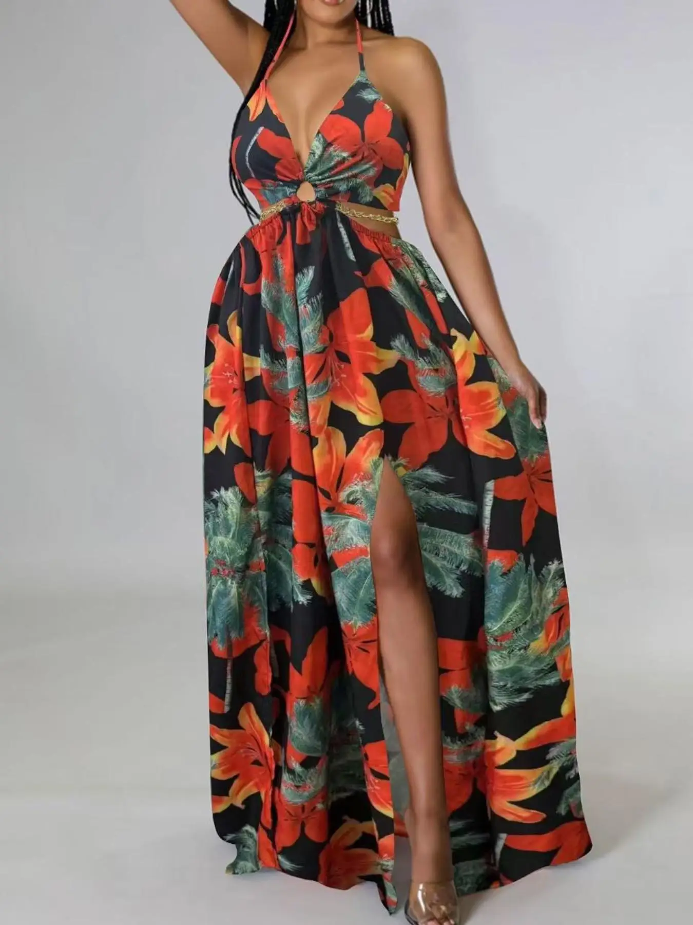 Women's Floral Print Chain Decor Split Thigh Tie Back Cami Dress, Casual Ring Linked Halter Backless Maxi Dress For Beach Holiday Vacation, Ladies Sum