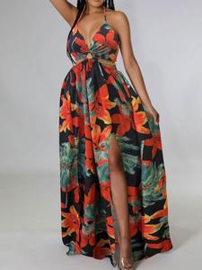 women's floral print chain decor split thigh tie back cami dress, elegant bohemian casual ring linked halter backless maxi dress for beach holiday vacation, dresses for women, ladies summer clothes, womenswear, dresses for women