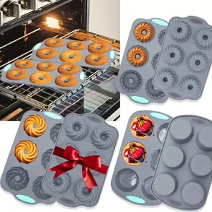 mini muffin 8 Pieces，Pieces Silicone Donut Pans, Nonstick Silicone Muffin Pans, Heat Resistant Kitchen Oven Baking Cups, Dishwasher Safe and Microwave Safe, Grey，Christmas Set