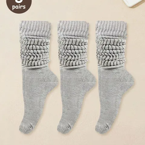 Unisex 3 Pairs Solid Color Crew Socks Elastic Socks, Casual Moisture Wicking Scrunch Socks for Men & Women, Soft Comfy Breathable Mid-Calf for All Seasons Daily Wear Breathable Polyester Socks Set