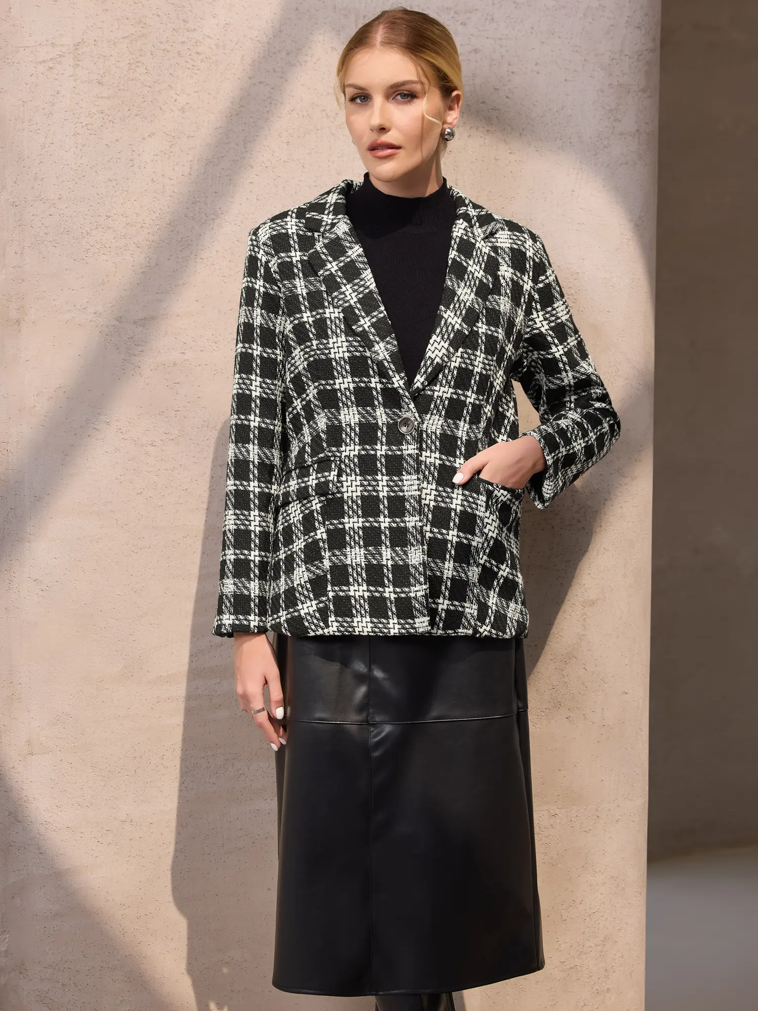 INSPIRE CHIC Women's Plaid Tartan Blazer Tweed Long Sleeve Business Casual Suit Jacket
