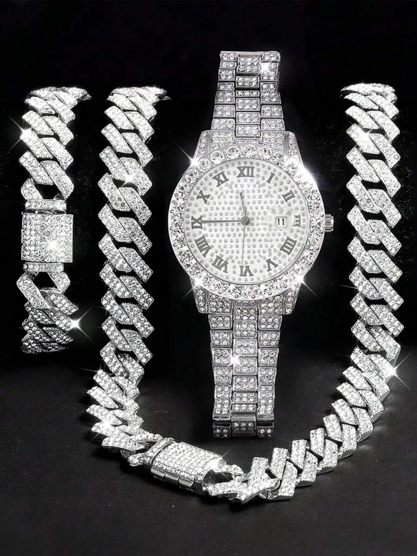 3 PiecesMen's Fashion Quartz Watch Set With Rhinestones, Calendar Roman Numeral Dial Wristwatch, Includes Bracelet And Necklace, Suitable For Daily Life, Parties, And Father's Day Gift