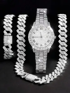 3 PiecesMen's Fashion Quartz Watch Set With Rhinestones, Calendar Roman Numeral Dial Wristwatch, Includes Bracelet And Necklace, Suitable For Daily Life, Parties, And Father's Day Gift