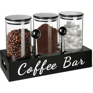 Coffee  Sugar Container Set, 3 count 50 Fl oz Bean Storage Canister With Airtight , Black Glass  Sugar Holder Containers with Scoop/Shelf/Labels, Canisters Jars for Coffee Bar/Station