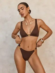 Curvvvy Swim 2 Piece Bikini Set U-Wire Cutout Swimsuit High Waisted Textured 2026 Summer Swimming Clothing Beach Water Sports Tummy Control Swimwear  Women Simple Metal Decor Bikini Top And Bottom Swimming Suit Summer