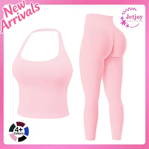 Jetjoy Workout Sets for Women 2 Piece, Gym Sets for Women,Seamless Padded Backless Sports Bras Halter Top Hidden Scrunch Leggings Yoga Outfits Gym Tracksuits