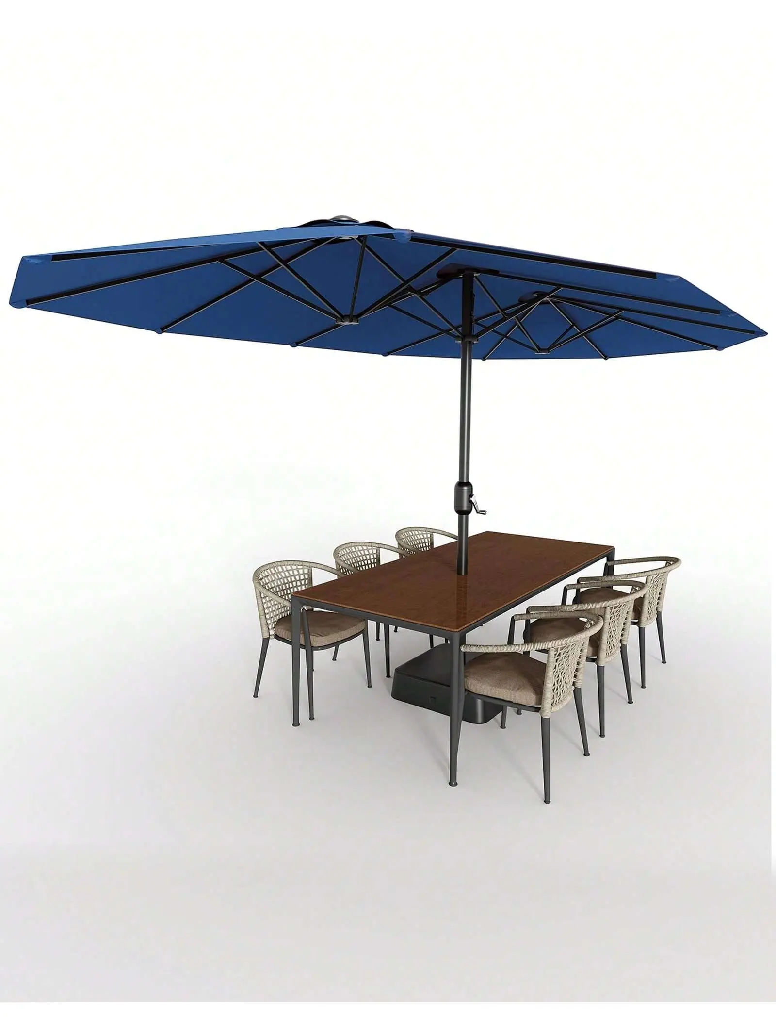 15ft Polyester Rectangular Patio Parasol - 9ft Width, Adjustable Canopy, Navy Blue Double-Sided Crank Lift, UV-Blocking Oversized Market Design, Weighted Base Included, Generous Shading Area, Seats 2-8 People, Ideal for Pools, Decks