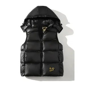 [100% Polyester Puffer Jacket Vest] Black Golden Hooded Vest - Sleeveless, Zip-Up Puffer Jacket with Stand Collar