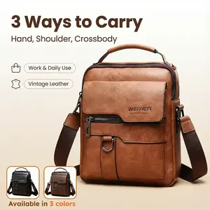 WEIXIER Men's PU Leather Crossbody Bag Vintage Street Style Large Capacity Commuter Bag with Adjustable Shoulder Strap for Business Travel & Everyday Use Perfect Gifts for Him Valentine's Day Gifts