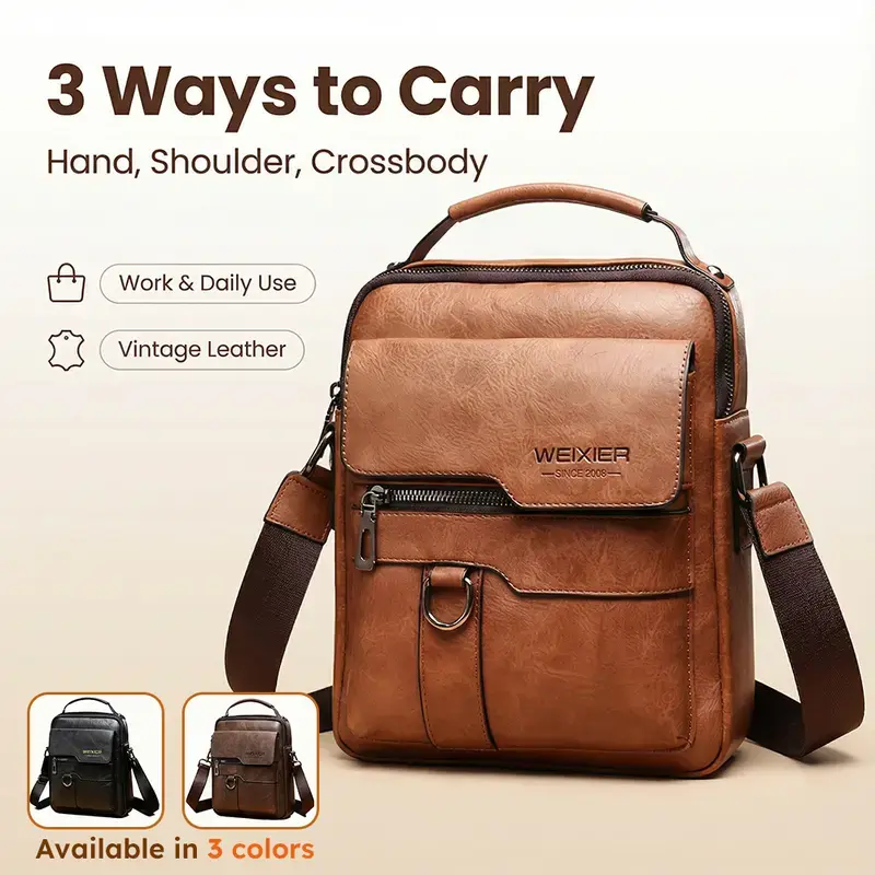 WEIXIER Men's PU Leather Crossbody Bag - Vintage Street Style, Large Capacity Commuter Option with Adjustable Shoulder Strap, Bag for Purchase, Ideal for Business Travel & Everyday Use, Perfect Valentine's Day Gift for Him