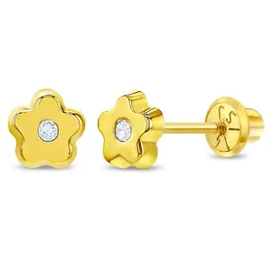 14k Gold Classic CZ Flower Baby / Toddler / Kids Earrings Safety Screw Back