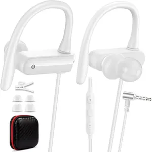 Wired Over Ear Earbuds with Microphone Ear Hook,3.5mm  Headphones Wired for Laptop/iPad/iPod/3.5mm Plug Cellphone,Earphones Noise Cancelling Headset for Chromebook//Galaxy/MP3 Running,White